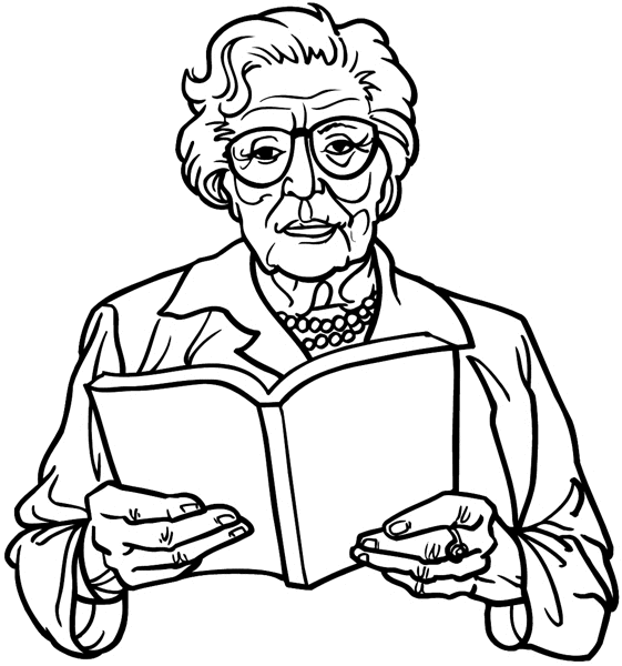 Senior citizen lady reading a book vinyl sticker. Customize on line. People 069-0416